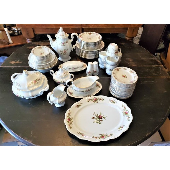 Vntage Johann Haviland Bavaria Germany Moss Rose Pink Floral Gold Trim 67 Pieces - Picture 1 of 10